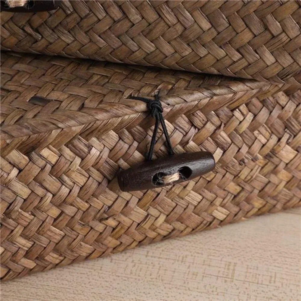 Set of 2 Flat Woven Wicker Storage Bins with Lid Natural Seagrass Basket